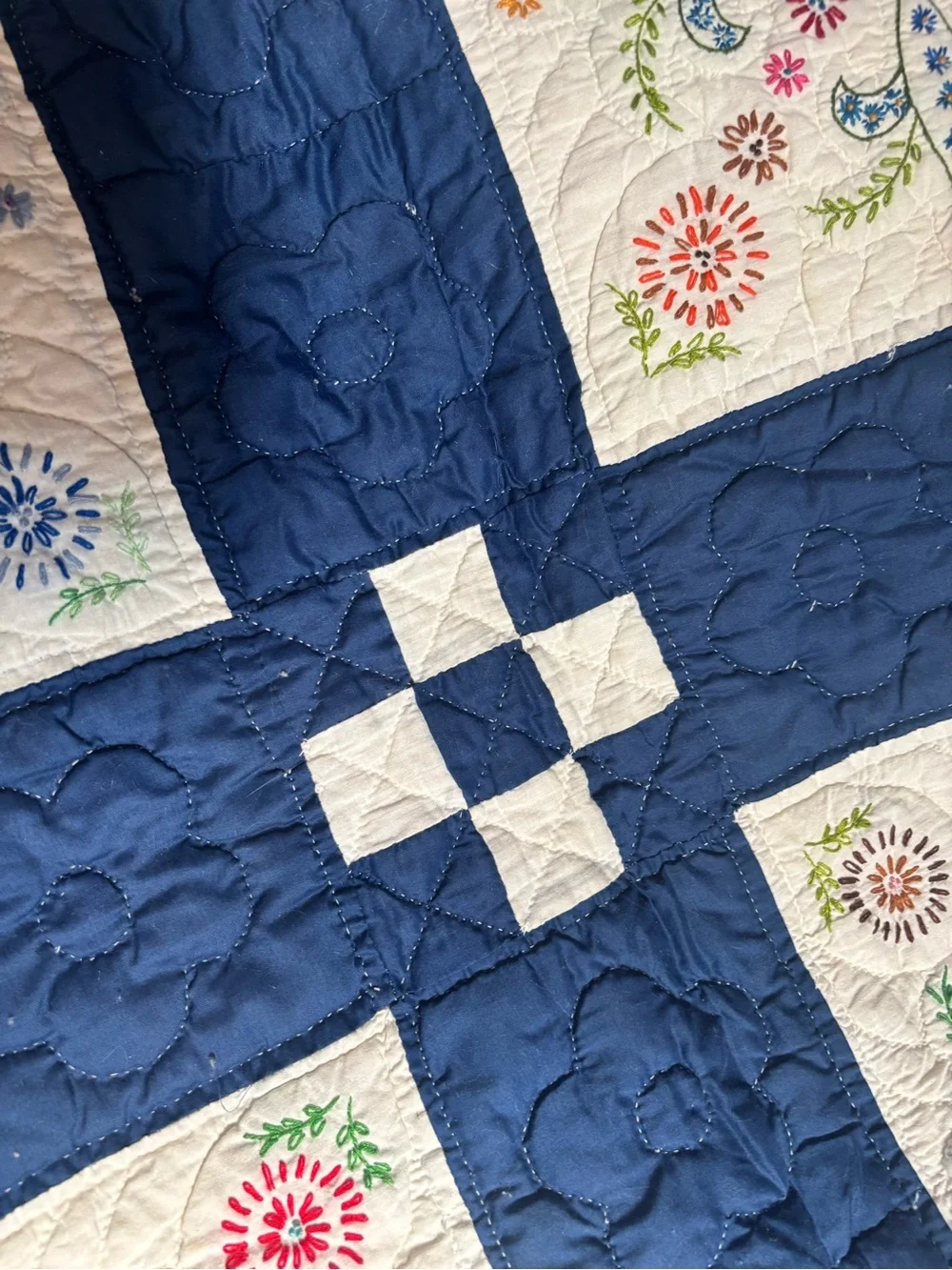 Handcrafted Floral Embroidered Quilt - Navy and White